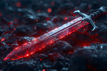 Intricately designed long dagger featuring a red crystal, elegantly placed on a dark velvet background, evoking a sense of mystery and enchantment - obrazy, fototapety, plakaty