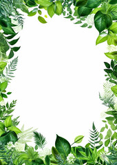 Fototapeta premium A green leafy border with a white background. The border is made up of various types of leaves and branches