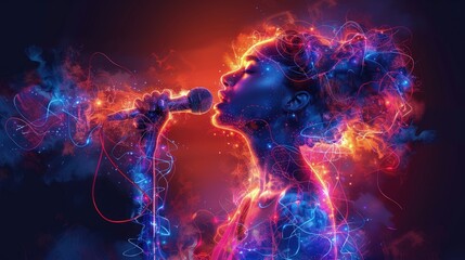 Singer enveloped in cosmic energy, Concept of music, soul, and the universe resonating as one
