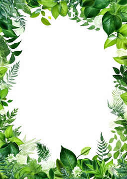 A green leafy border with a white background. The border is made up of various types of leaves and branches
