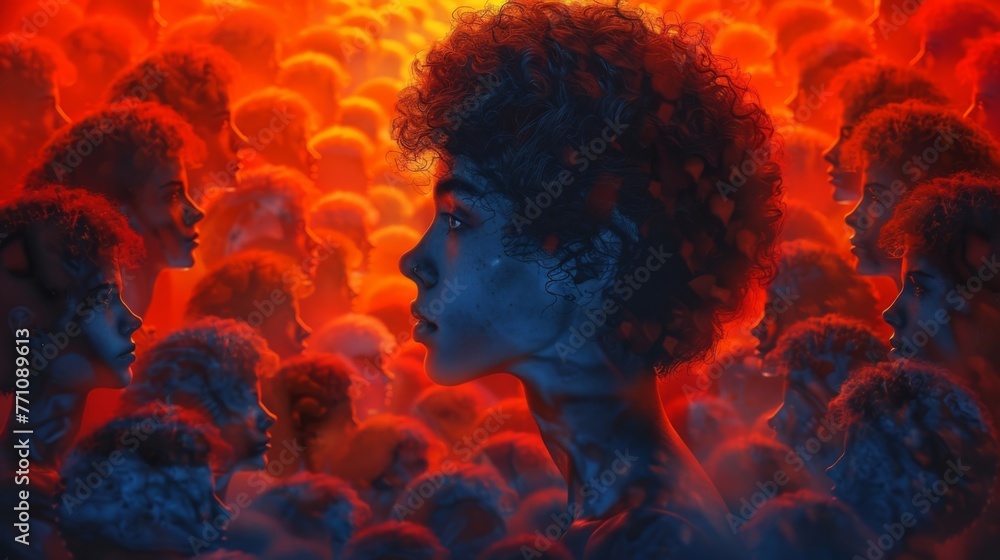 Poster a person surrounded by countless versions of themselves each one representing a different choice the