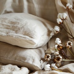 Obraz na płótnie Canvas Natural textiles such as cotton and linen for bedding and curtains. Job ID: 89e099d8-e91d-4982-865a-6ece76c82f69