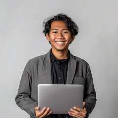 an Indonesian man is holding a laptop and smiling