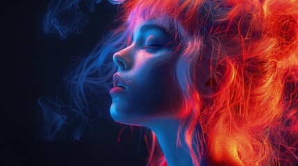 Surreal portrait of a woman with flowing fiery hair, Concept of freedom, passion, and vibrant creativity
