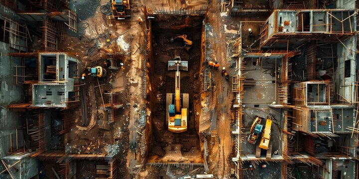 Construction workers and heavy machinery preparing building foundation at a construction site. Concept Construction industry, Building foundation, Heavy machinery, Construction workers
