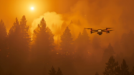 Rescue drone flying in a forest fire zone with backdrop of smoke and orange sky