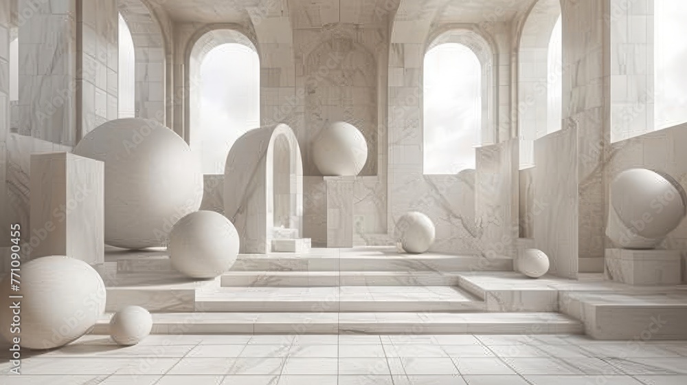 Poster harmony of shapes and space: white setting adorned with meticulously arranged 3d geometric figures :