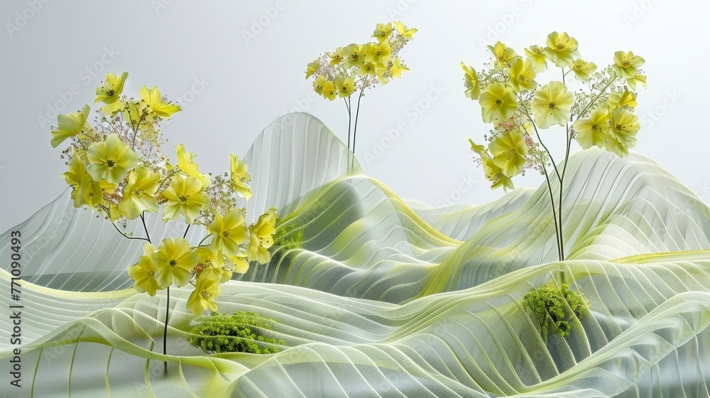Poster soft lemon yellow lines abstract background spring blooms unfolding geometric patterns
