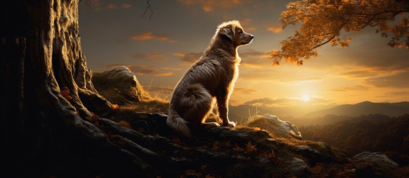 A carnivorous dog breed is perched on a rock, gazing at the sunset in the picturesque landscape. The sky is painted with colorful clouds, creating a beautiful event for this terrestrial animal