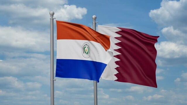 Qatar and Paraguay two flags waving together, looped video, two country cooperation concept