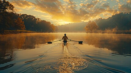 Man rows boat on lake at sunset, admiring natural landscape
