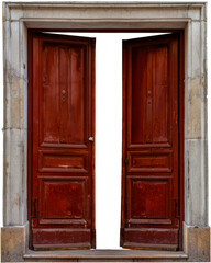 Classic wooden door half-open with frame cut out on transparent background