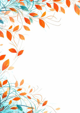 A colorful leafy border with a white background. The leaves are in various shades of blue, red, and orange