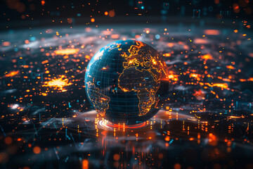 World Technology Concepts. Global Network and Information Sharing. Virtual Metaverse Technology. World Trade. Internet of Things, finance, and telecommunication megatrends.