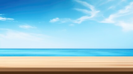 Fototapeta premium Empty wooden table top in front, blurred blue ocean water background. Summer vacation background with empty space for advertising product. Vacation blank horizontal scene 