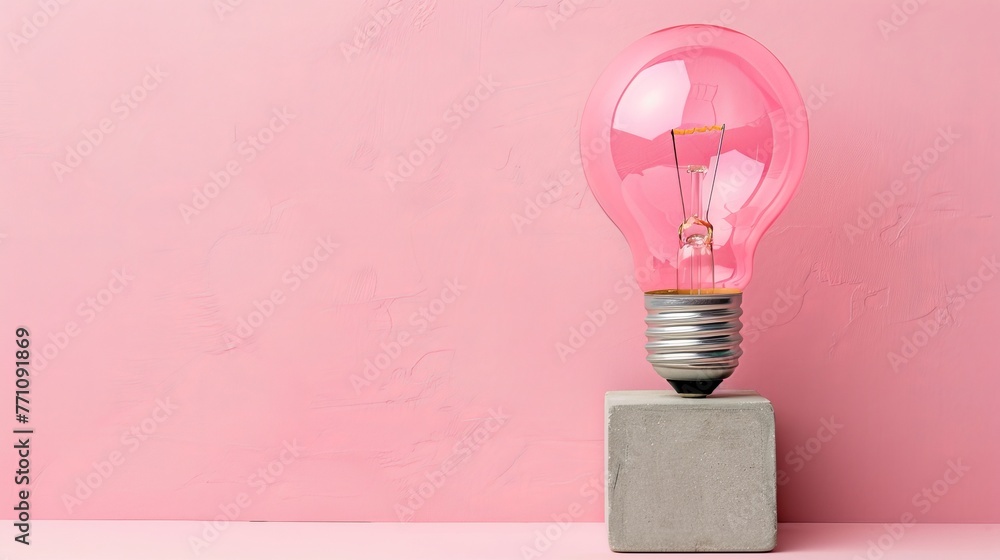 Poster illuminated light bulb on block with copy space, solid color background for text placement