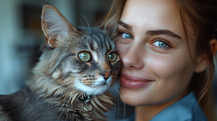 A young woman with piercing eyes poses closely with her beautiful tabby cat Their gaze is compelling