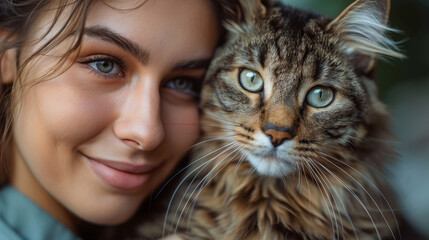 A handsome man with a friendly smile shares a tender moment with a tabby cat, gazing into the camera