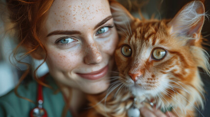 A young redhead with a genial smile poses with a ginger cat, sharing similar warm eye hues