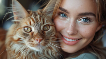 A cheery young woman with shimmering blue eyes smiles warmly alongside an orange cat with a similar gaze