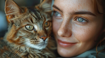 A young woman with captivating blue eyes and a tabby cat share an intimate and serene portrait