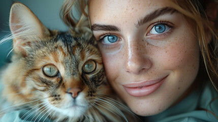 A blue-eyed woman with blonde hair shares a close, affectionate moment with a beautiful calico cat