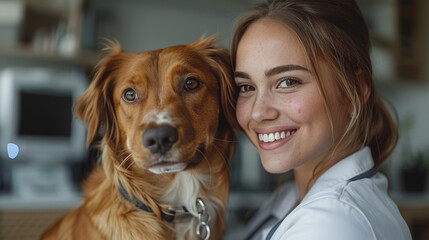 Portrait of a happy young woman with a brown dog looking at the camera in a cozy home setting
