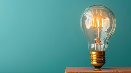 Illuminated light bulb on block with room for text on solid color background for impactful messaging