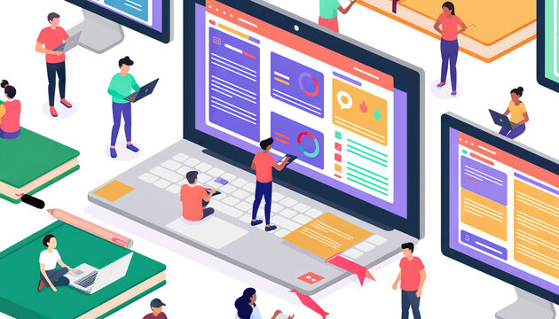 E-learning Platforms for Education, e-learning platforms for education with an illustration of students accessing online courses and interactive learning modules