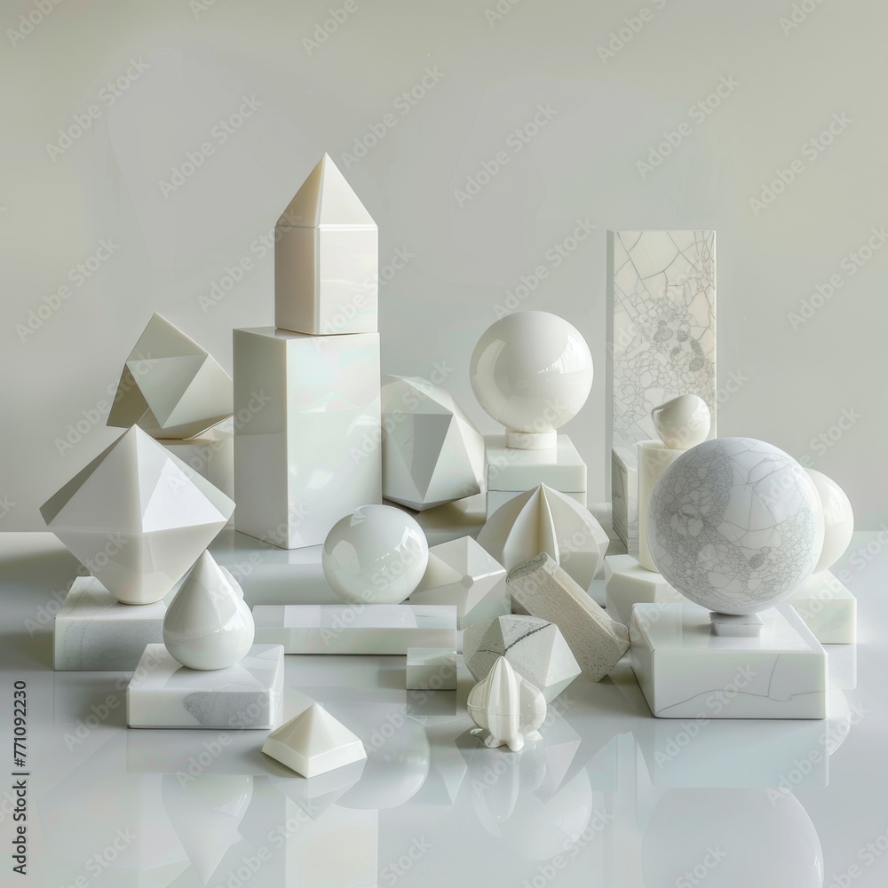 Aufkleber harmony of shapes and space: white setting adorned with meticulously arranged 3d geometric figures