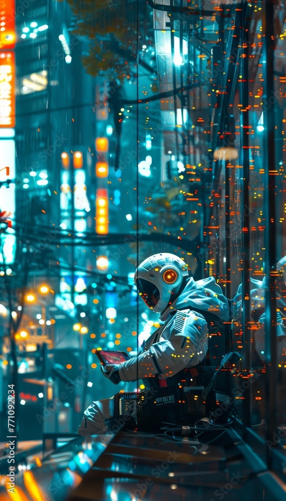 Poster humanoid ai robot with book surrounded by holographic math formulas on blurred background