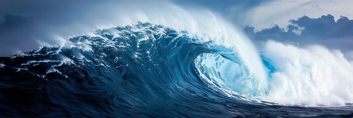 Majestic colossal ocean wave rising under clear blue sky, side view perspective. - obrazy, fototapety, plakaty