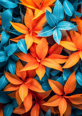 The image is a collage of orange and blue leaves, with the blue leaves being more prominent. The orange leaves are scattered throughout the collage, creating a sense of depth and texture