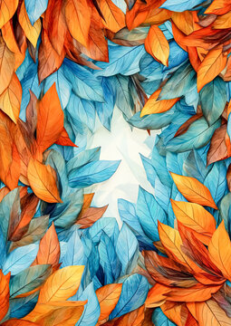 The image is a collage of orange and blue leaves, with the blue leaves being more prominent. The orange leaves are scattered throughout the collage, creating a sense of depth and texture