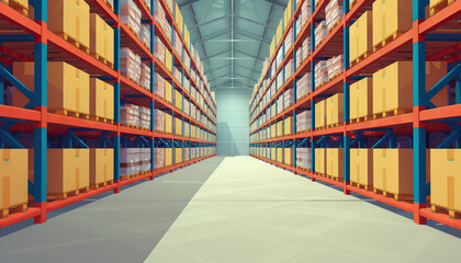 Efficient Inventory Management: Illustrating Warehouse Backgrounds with Organized Shelving and Distribution Supply - obrazy, fototapety, plakaty
