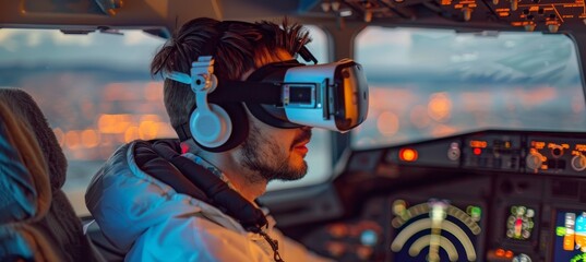 Virtual reality exam at aviation school  student in vr glasses controls aircraft in simulator cabin - obrazy, fototapety, plakaty