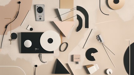 Abstract Shapes Inspired by 90's Music Devices on Neutral Background: A composition of abstract shapes that evoke the essence of 90's music playback devices, arranged on a single-tone, soft beige