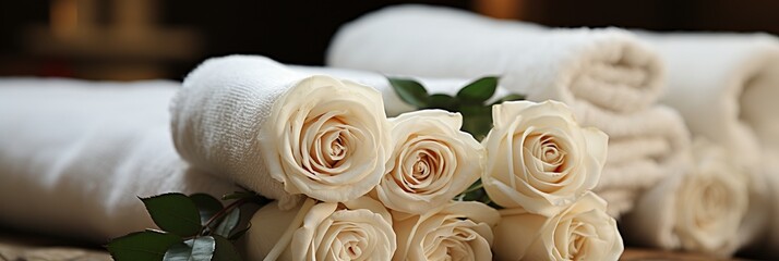 White roses, sauna towels, spa aromatics for aroma therapy. Panoramic banner