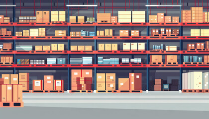 Logistics Efficiency: Backgrounds of Inventory Storage Warehouses with Systematic Shelving and Goods Distribution - obrazy, fototapety, plakaty