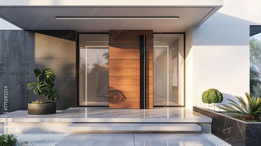 Poster a main door with a minimalist aesthetic and hidden hinges, creating a seamless and uninterrupted fac