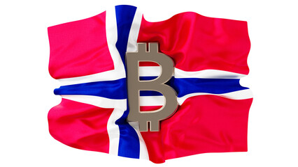 Bitcoin Emblem Superimposed on a Waving Norwegian Flag