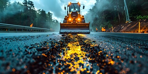 Workers and machinery laying new asphalt pavement at a road construction site on a highway. Concept Road Construction, Asphalt Paving, Workers, Machinery, Highway - obrazy, fototapety, plakaty