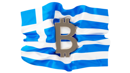 Cryptocurrency Concept with Bitcoin Emblem and Greek Flag Drapery