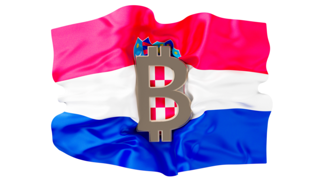 Bitcoin Symbol with Croatian Coat of Arms on Vibrant Flag Fabric