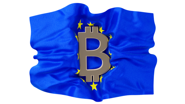 Bitcoin Symbol Amidst EU Stars on a Ripple of Blue Flag Fabric