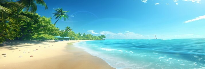 Tropical paradise  sun kissed beach with palm trees, golden sands, and beach umbrellas