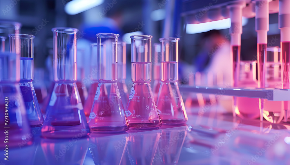 Poster research: scientists analyzing and experimenting with samples in laboratory glassware