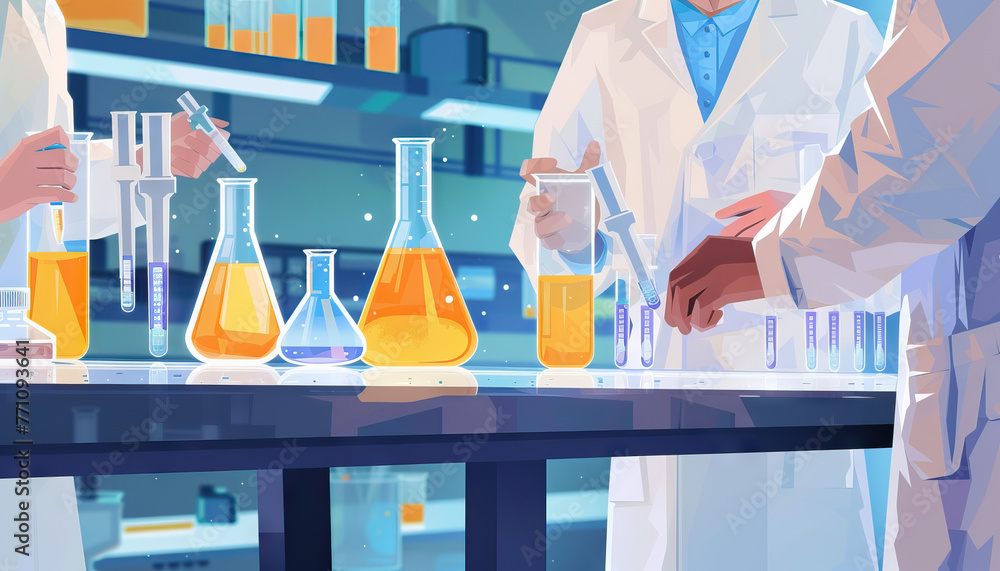 Poster research: scientists analyzing and experimenting with samples in laboratory glassware