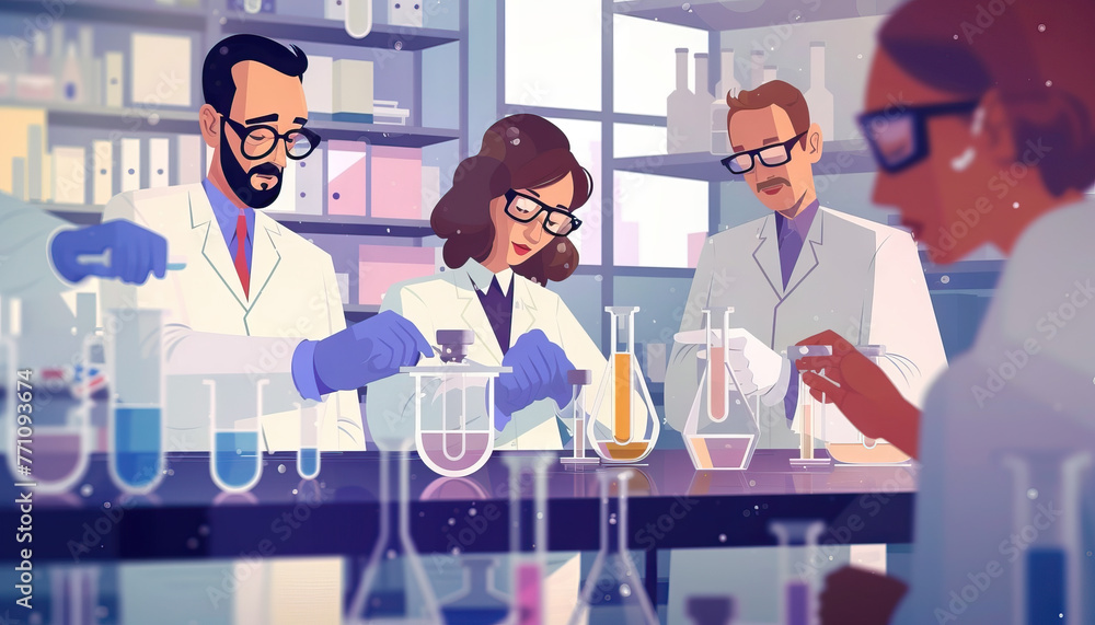 Poster research: scientists analyzing and experimenting with samples in laboratory glassware