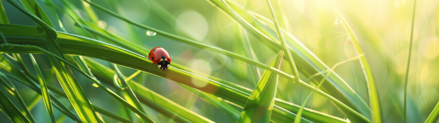 Close-up of a red ladybug climbing up vibrant green blades of grass against a softly blurred background
